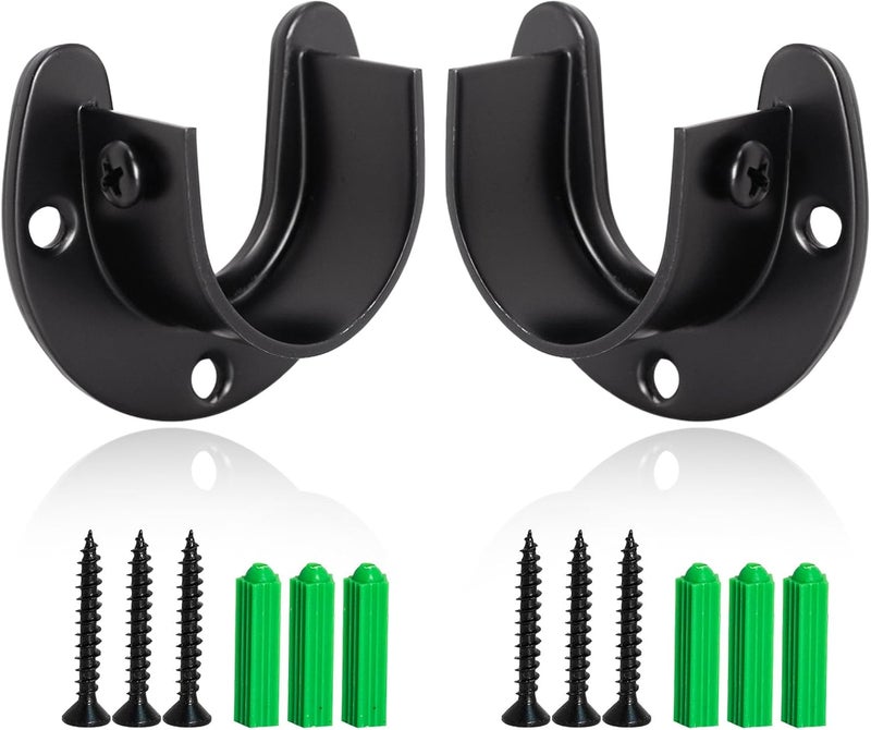 Haikole Closet Rod Bracket 2pcs 1-1/2 Inch Closet Pole Socket,U Shaped Stainless Steel Closet Rod Holders for Closet Shelf Wardrobe Shower Curtain,Black Closet Pole Socket with Screws (Black) - Image 1